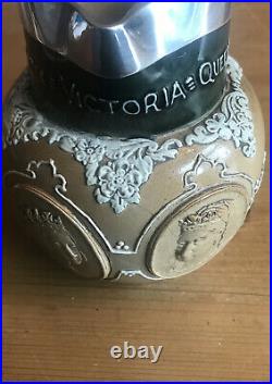 1897 Royal Doulton Lambeth Stoneware Queen Victoria Silver Rimmed Jug 51/4 B467