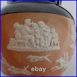 ANTIQUE ROYAL DOULTON STONEWARE JUG With STERLING SILVER BAND, HUNTING SCENES