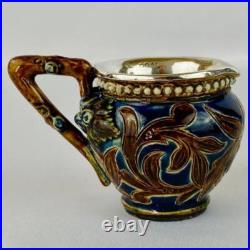 Antique Doulton Lambeth Sterling Silver Rim Small Jug 1879 signed Nellie Garbet