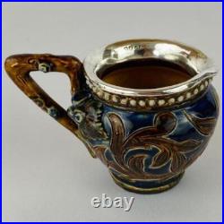 Antique Doulton Lambeth Sterling Silver Rim Small Jug 1879 signed Nellie Garbet