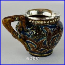 Antique Doulton Lambeth Sterling Silver Rim Small Jug 1879 signed Nellie Garbet
