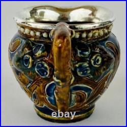 Antique Doulton Lambeth Sterling Silver Rim Small Jug 1879 signed Nellie Garbet