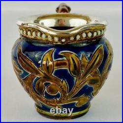 Antique Doulton Lambeth Sterling Silver Rim Small Jug 1879 signed Nellie Garbet