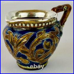 Antique Doulton Lambeth Sterling Silver Rim Small Jug 1879 signed Nellie Garbet