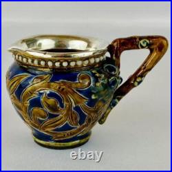 Antique Doulton Lambeth Sterling Silver Rim Small Jug 1879 signed Nellie Garbet