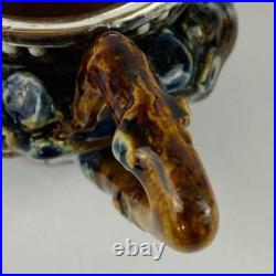 Antique Doulton Lambeth Sterling Silver Rim Small Jug 1879 signed Nellie Garbet