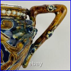 Antique Doulton Lambeth Sterling Silver Rim Small Jug 1879 signed Nellie Garbet