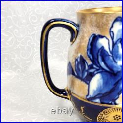 Antique Royal Doulton Burslem Pitcher Jug Blue Peonies Medallions Gold Gilt 5.5