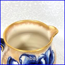 Antique Royal Doulton Burslem Pitcher Jug Blue Peonies Medallions Gold Gilt 5.5
