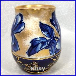 Antique Royal Doulton Burslem Pitcher Jug Blue Peonies Medallions Gold Gilt 5.5