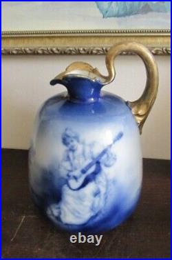 Antique Royal Doulton England Blue Children Guitarist Porcelain Pitcher