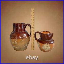 Antique Royal Doulton Lambeth Stoneware Jugs Victorian Pastoral Relief Pair