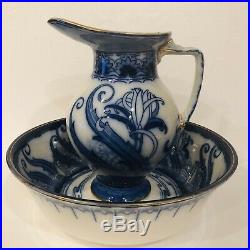 Antique Royal Doulton Lily Flow Blue Pottery Wash Basin Bowl Jug Pitcher Set