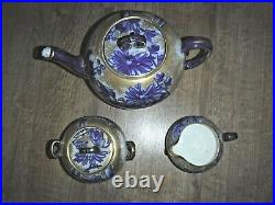 Antique Royal Doulton Teapot Milk Jug & Sugar Bowl Blue Chrysanthemum A1147