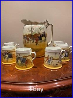 Antique Set of Royal Doulton Huge 8.5 tall Pitcher Coaching Days + 6 mugs 1920