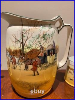 Antique Set of Royal Doulton Huge 8.5 tall Pitcher Coaching Days + 6 mugs 1920
