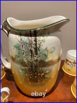 Antique Set of Royal Doulton Huge 8.5 tall Pitcher Coaching Days + 6 mugs 1920