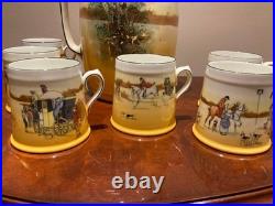 Antique Set of Royal Doulton Huge 8.5 tall Pitcher Coaching Days + 6 mugs 1920