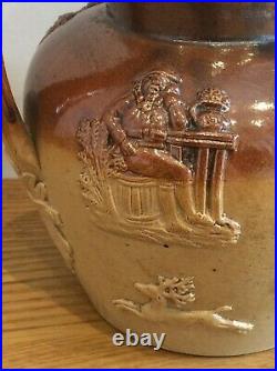 Antique Silver TOPPED Possible Royal Doulton Hunting Scene Glaze Stoneware Jug