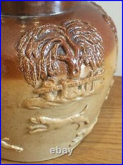 Antique Silver TOPPED Possible Royal Doulton Hunting Scene Glaze Stoneware Jug