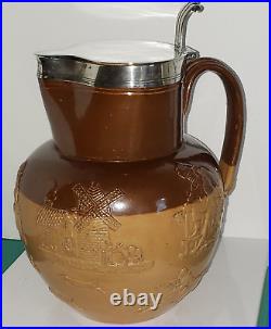 DOULTON LAMBETH POTTERY PITCHER With Mounted Gerb. Friedlander 800 Silver RIM/LID