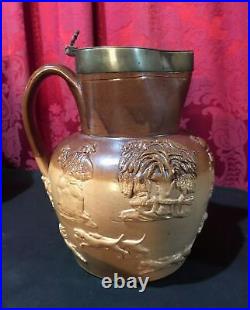 Large Vintage Antique Royal Doulton Lambeth Stoneware Pottery Pitcher W LID