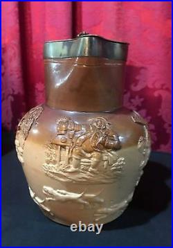 Large Vintage Antique Royal Doulton Lambeth Stoneware Pottery Pitcher W LID