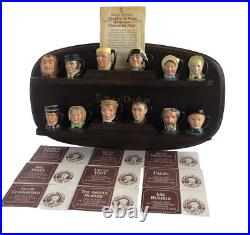 Royal Doulton 12 Miniature Tiny Charles Dickens Hand Painted Jugs Display Stand