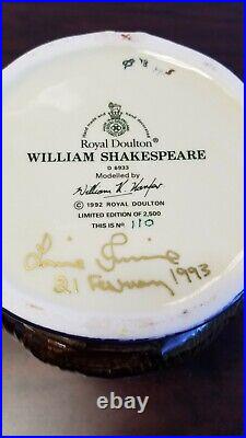 Royal Doulton 1992 William Shakespeare Character Jug COA D6933 #110 Ltd. Ed