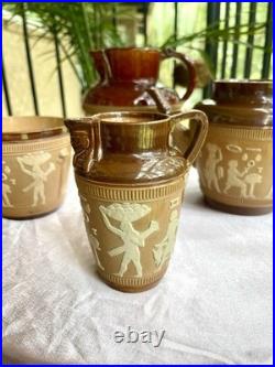 Royal Doulton Lambeth Egyptian Revival Stoneware Jugs and Teapot. 4 pieces