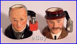 Royal Doulton Sherlock Holmes Set of 6 Miniature Tiny Toby Jugs + Wood Stand COA