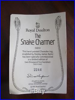 Royal Doulton Snake Charmer D6912 Character Jug Mint withCOA 2244 Of 2500 Made